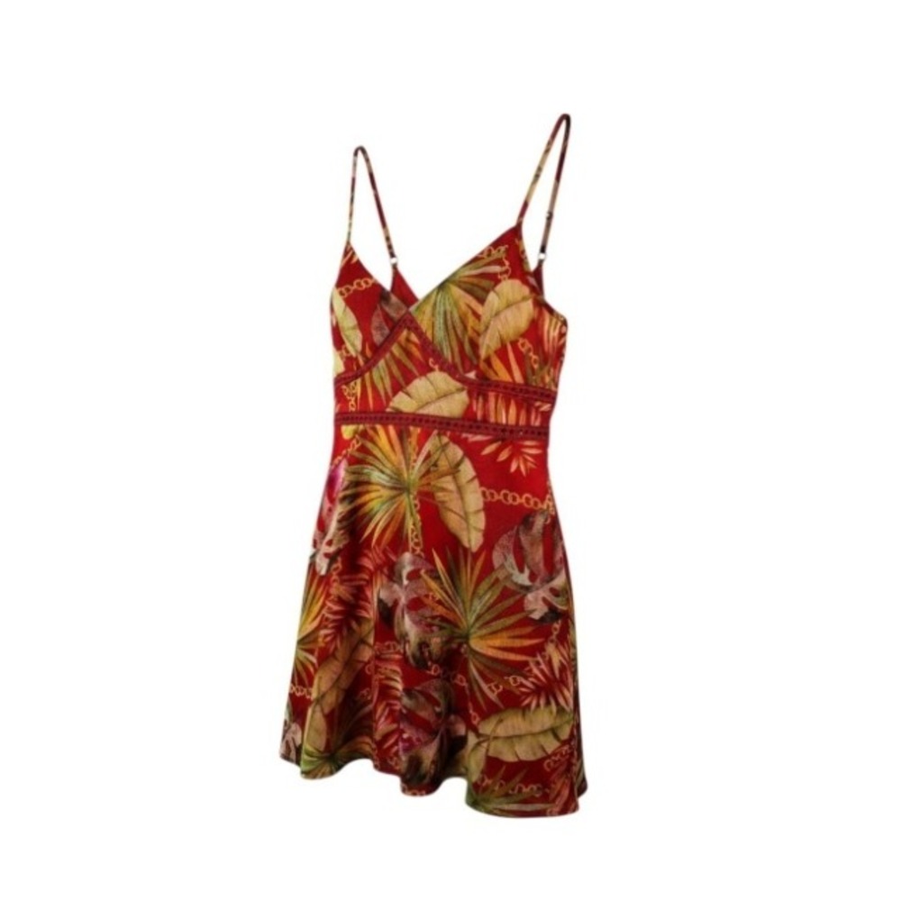 Guess Womens Red Tropical Floral Botanical Lace Trim Summer Mini Dress XL